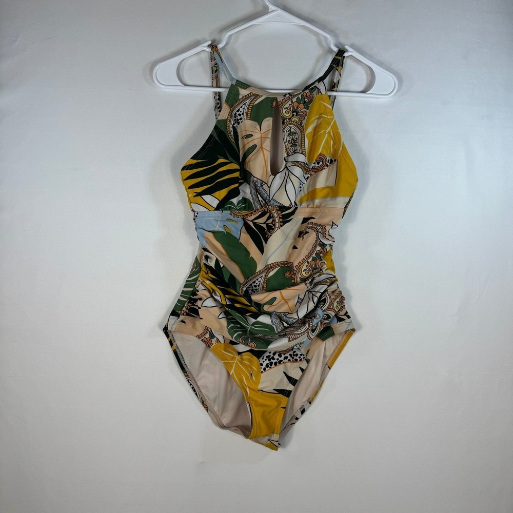 Ellen Tracy‎ Womens Tropical Paisley High Neck Keyhole One Piece Swimsuit Size 6